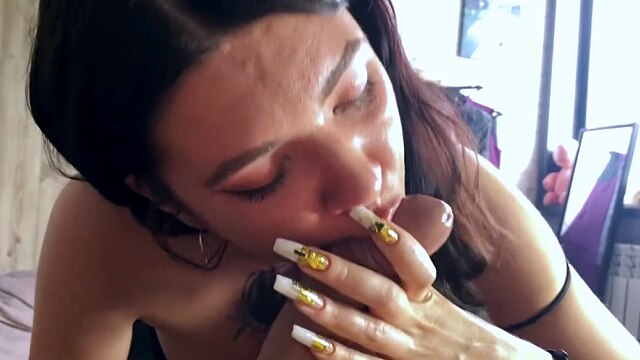 Teen beautiful whore took my big cock in her mouth, gave me a handjob and I cum