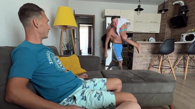 Fucked a girl with three dicks and cum all over her ass - Gangbang